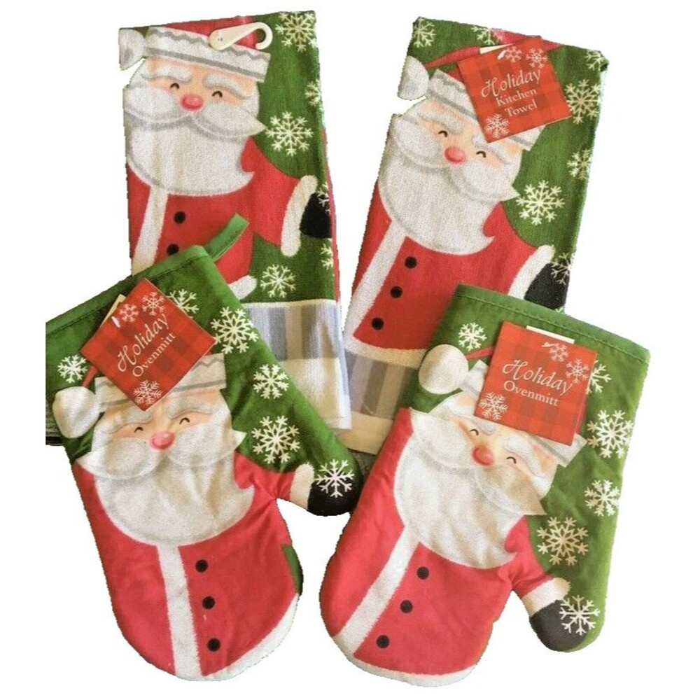 Santa Christmas Set of 4 Dish Towels Oven Mitts Snowflakes Holiday Glitter
